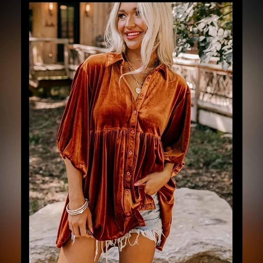 Solid Button Front Ruffle Trim Blouse, Vintage Ha… - image 1